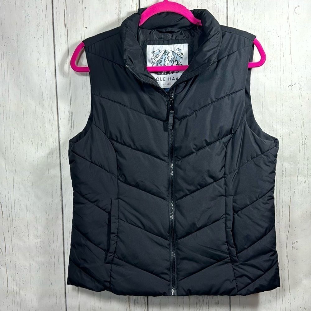 Cole Haan Womens Chevron Quilt Puffer Down Feathers Black Zip Sleeveless Vest
